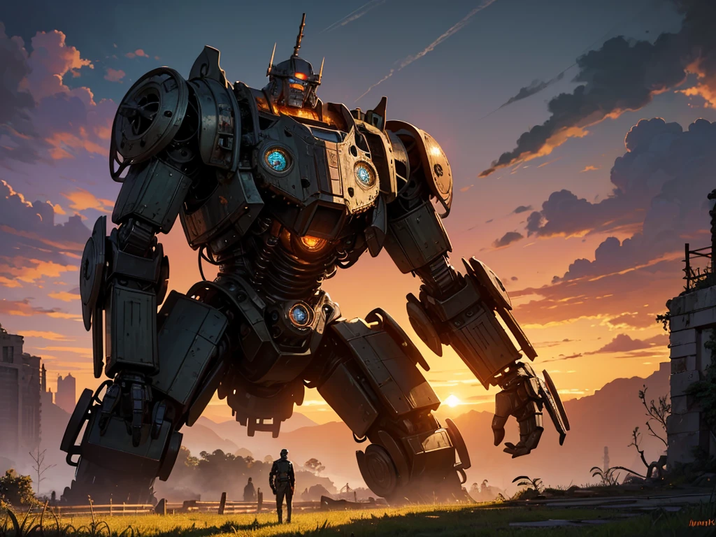 A colossal iron robot stands majestically amidst an ancient and mystical landscape. The robot, towering over its surroundings, is covered in rust and moss, showing signs of age and wear. Its body is composed of intricate, weathered metal plates, gears, and joints, giving it a steampunk-like appearance. Glowing eyes emit a faint, eerie light, adding to its enigmatic and powerful presence. The background features remnants of ancient ruins, overgrown with lush greenery and vines, hinting at a long-forgotten era. The sky is painted with a gradient of orange and purple hues, suggesting the setting sun and adding a dramatic atmosphere to the scene.