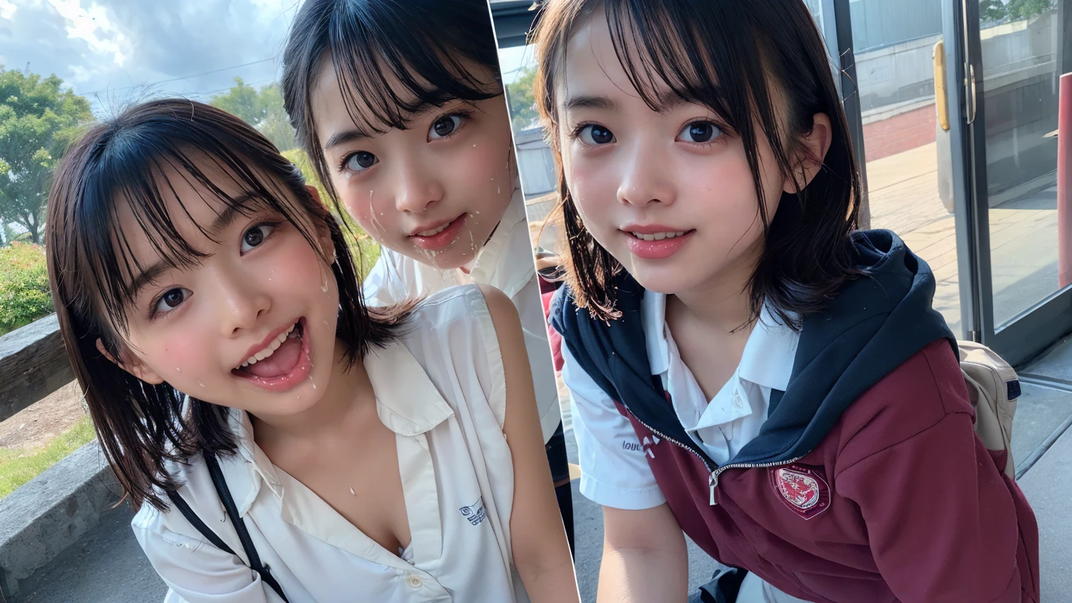 (2Split Photo:1.3)、Magazine Cover:1.3、Japanese,10 years old,Innocent face,Teenage Girl,cute,Primary school students,Private elementary school,uniform,Carrying a small red backpack,Summer clothes,Sitting、front、Cute smile、Laugh with your mouth wide open、((Semen dripping from the mouth:1.2))、Mouth full of semen:1.5、A lot of semen on the tongue、((Cloudy, thick semen))、whole body、Full Body、Semen dripping from the genitals、You can see the nipples、Not wearing a bra