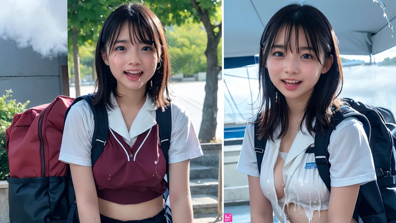 (２Split Photo:1.3)、Magazine Cover:1.3、Japanese,,Innocent face,Teenage Girlrimary school stud school,uniform,Carryingmer clothes,Sitting、front、Cute smile、Laugh with your mouth wide open、((Semen dripping from the mouth:1.2))、Mouth full of semen:1.5、A lot of semen on the tongue、((Cloudy, thick semen))、whole body、Full Body、Semen dripping from the genitals、You can see the nipples、Not wearing a bra