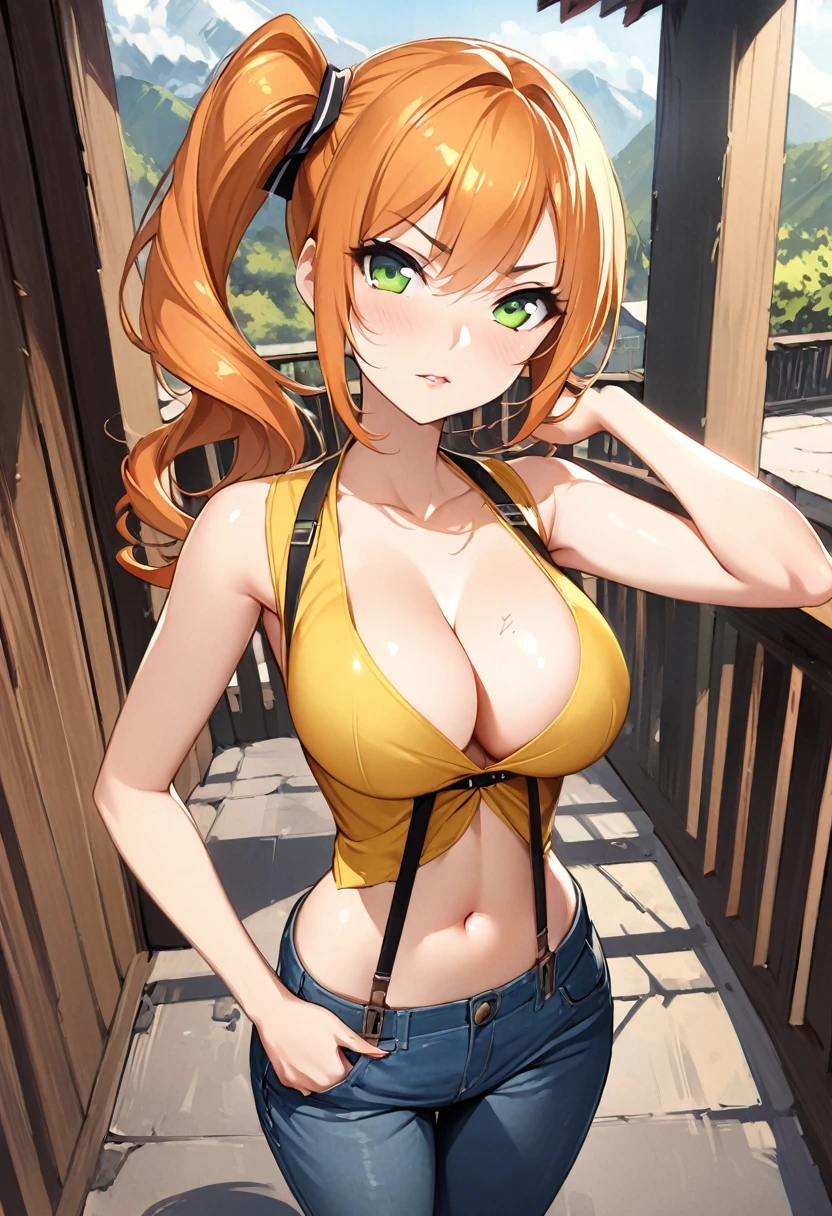 score_9,score_8_up, score_7_up,source_anime.superior,from above,front view,contrapost pose ,mediumshot, , (mature) ,(One girl:1.2), Outdoor, Green Eyes, Orange Hair, Side Ponytail, Yellow Shirt, cleavage breast,Sleeveless shirt,navel,slender waist,stomach, Denim shorts, suspenders, Captivating look, Seductive expressions, delicate curves, superfineillustration,finely detail,absurdres,,mid,masterpiece,bestquality, Highest quality,