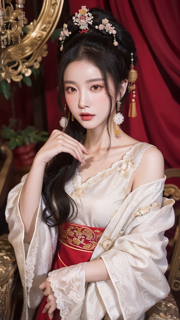 source_photo, realistic, nsfw, ruanyi0766, A portrait of a graceful Chinese maiden clad in an elegant Hanfu from the Northern and Southern Dynasties. The Hanfu's black dress boasts an off-shoulder neckline and flowing wide sleeves, complemented by exquisite jewelry. The backdrop showcases a picturesque ancient Chinese landscape.