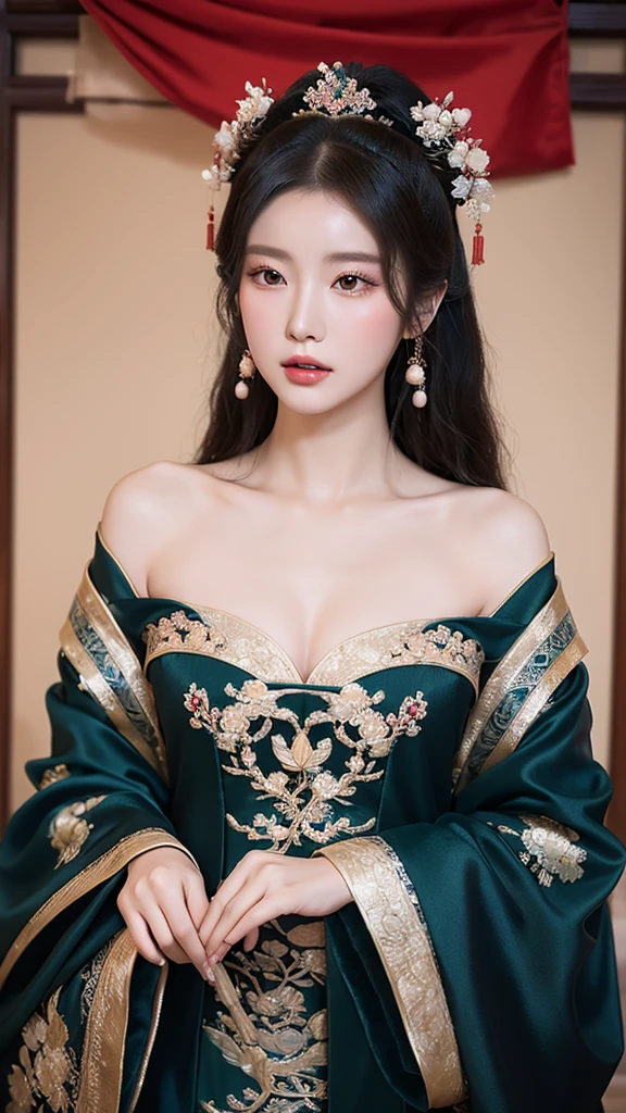 source_photo, realistic, nsfw, ruanyi0766, A portrait of a graceful Chinese maiden clad in an elegant Hanfu from the Northern and Southern Dynasties. The Hanfu's black dress boasts an off-shoulder neckline and flowing wide sleeves, complemented by exquisite jewelry. The backdrop showcases a picturesque ancient Chinese landscape.