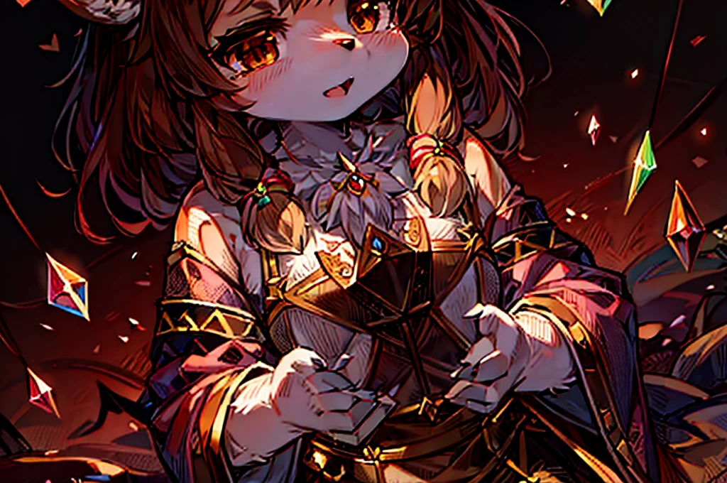 (Fluffy personification:1.3), One woman, alone, Shaggy deer kemono, (Mouth closed,:0.9),Deer antlers、Hair Ribbon, Ahoge, Brown Hair、short tail(far and near method, Great background, , :0.8), (Brown eyes,:1.3), Crystal Jade、Fortune telling師、Tarot、Fortune telling