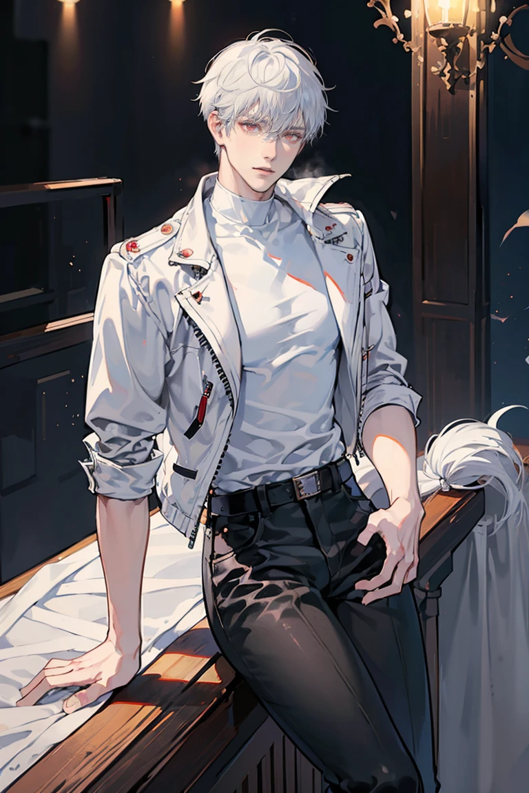 anime - (masterpiece), best quality, seductive eyes, mature face, red eyes, short messy white haircut, short length white hair, plain white t shirt, black leather jacket, black pants, tall man, long legs, masculine, broad shoulders, adult-like, full body, both hands on his pockets, bad boy, motorcycle