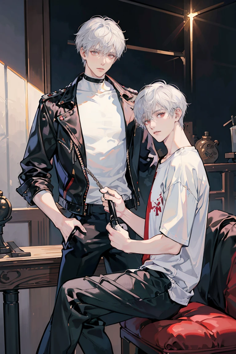 anime - (masterpiece), best quality, seductive eyes, mature face, red eyes, short messy white haircut, short length white hair, plain white t shirt, black leather jacket, black pants, tall man, long legs, masculine, broad shoulders, adult-like, full body, both hands on his pockets, bad boy, motorcycle
