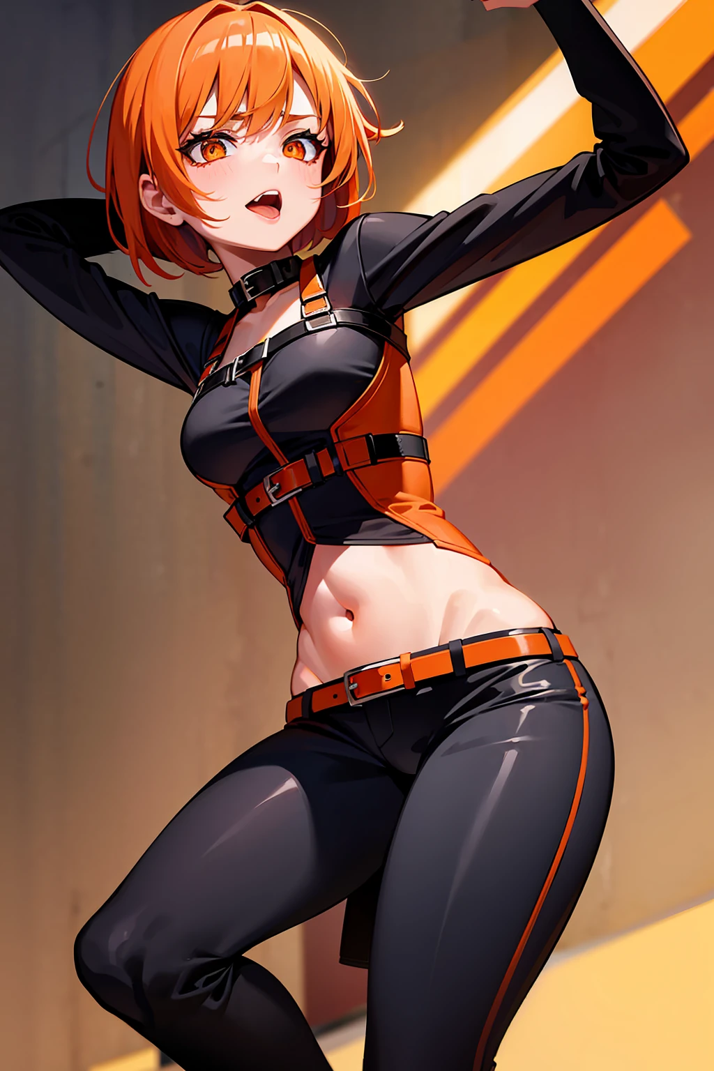 Open your mouth wide,Sticking out tongue,sadistic,Orange Hair Woman,Short Bob,Provocative,Provocative look,Looking down on,Orange leather underwear,Orange belt collar,Highest quality,Anime Style,