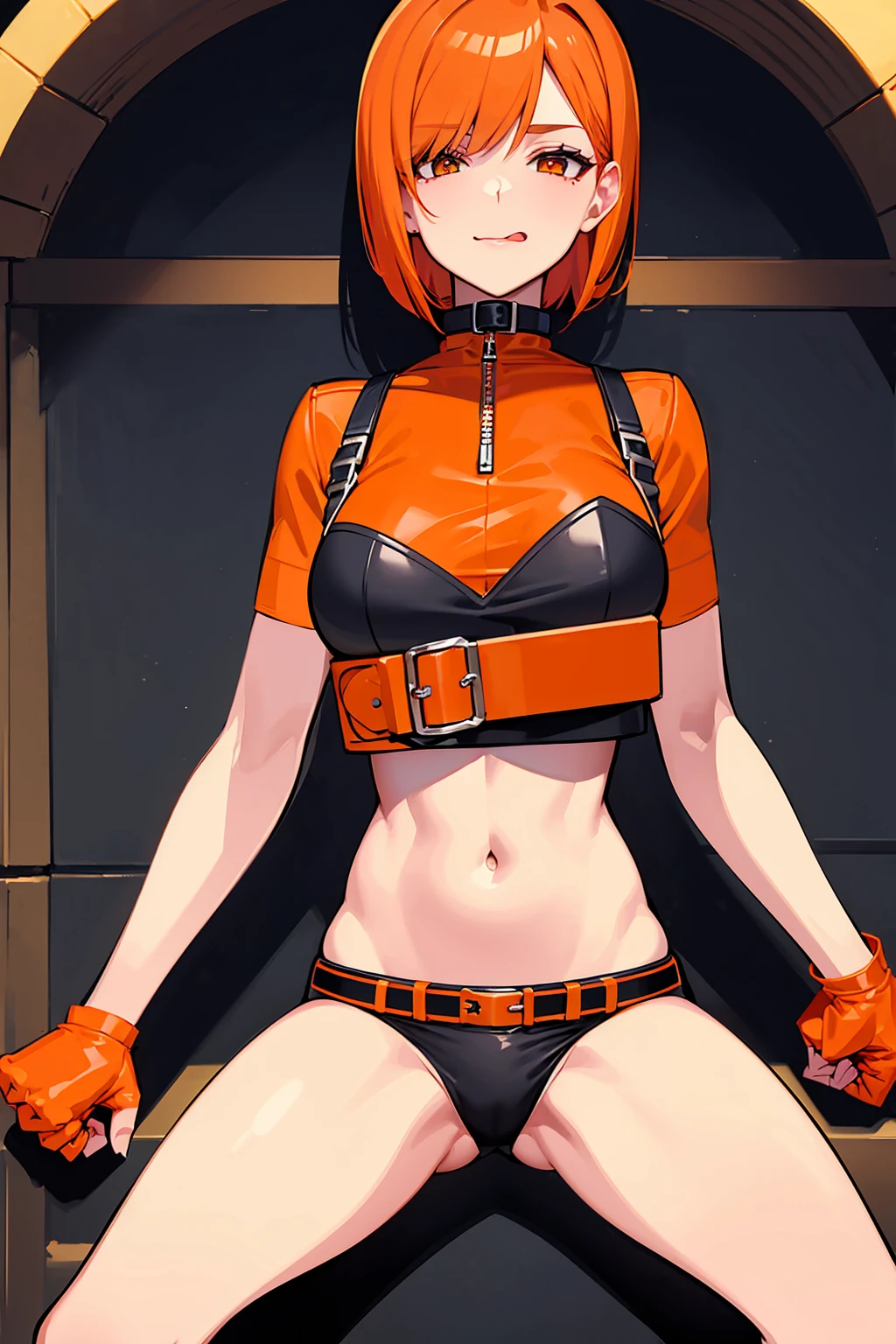 Open your mouth wide,Sticking out tongue,sadistic,Orange Hair Woman,Short Bob,Provocative,Provocative look,Looking down on,Orange leather underwear,Orange belt collar,Highest quality,Anime Style,