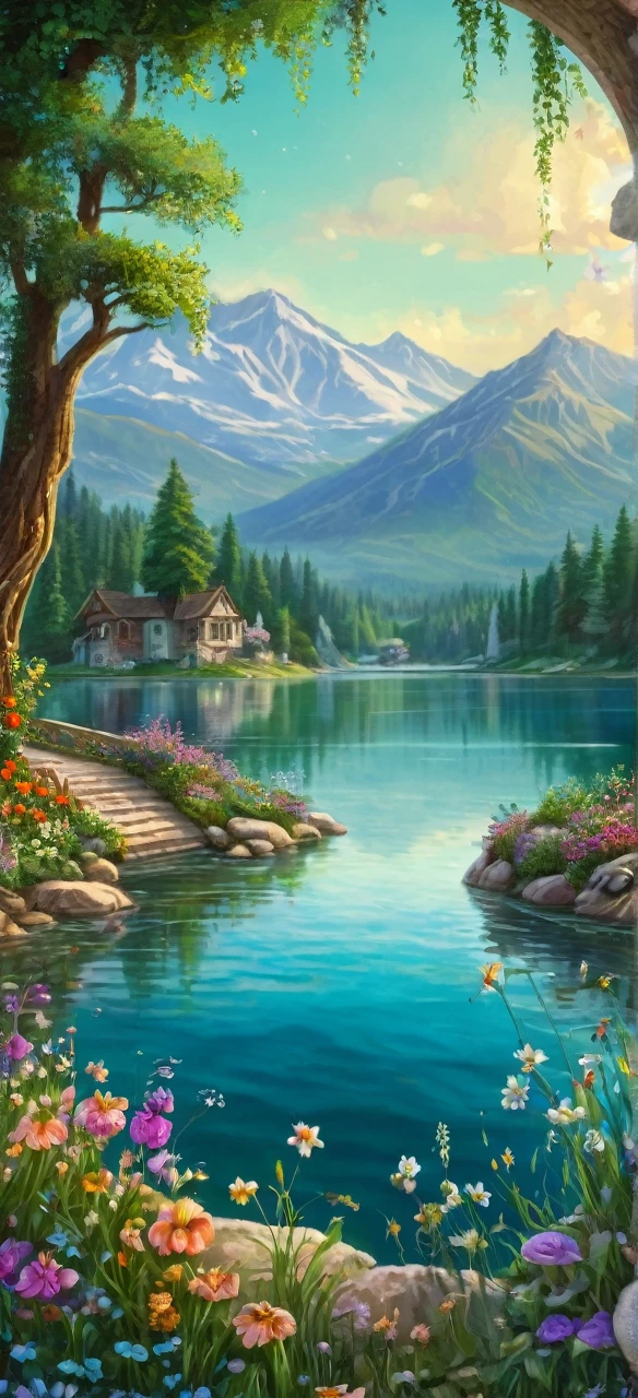a book with a picture of a lake and flowers on it, fantasy book cover painting, fantasy book illustration, detailed dreamscape, dreamy and detailed, whimsical fantasy landscape art, fairytale painting, storybook art, fairytale artwork, romantic storybook fantasy, painting of a dreamscape, detailed painting 4 k, fantasy painterly style, very magical and dreamy
