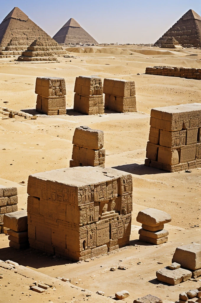 Egyptian men,large stone blocks, in the background the pyramids
