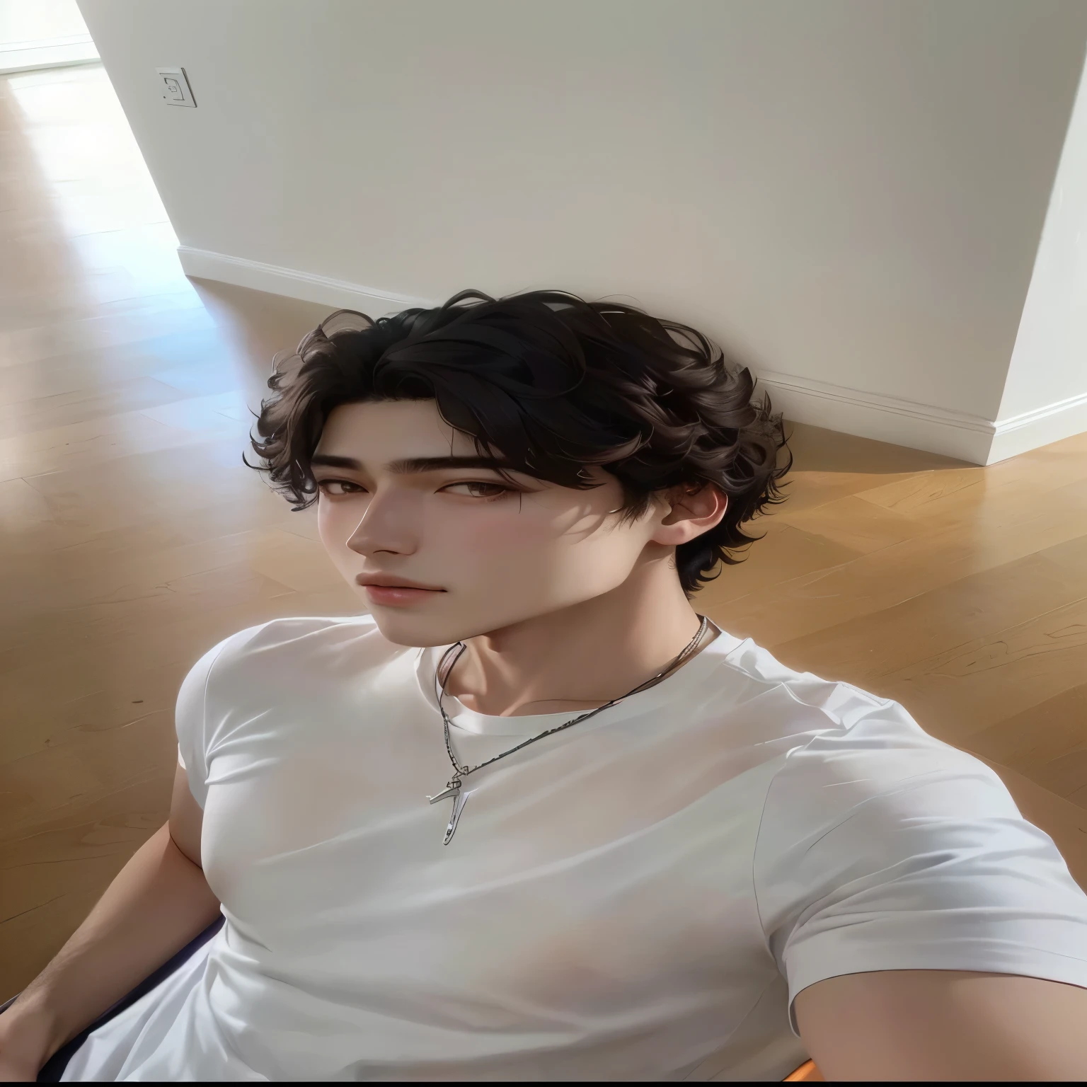 a closeup of a person sitting on a chair in a room, Jung Jaehyun, beautiful androgynous prince, cai xukun, delicate androgynous prince, he has short curly brown hair, sometimes ulzzang, south korean man, with short hair, with short straight brown hair, hyung tae, a handsome man,short black hair, perfect face and boy is wearing a shirt from the Spanish soccer team