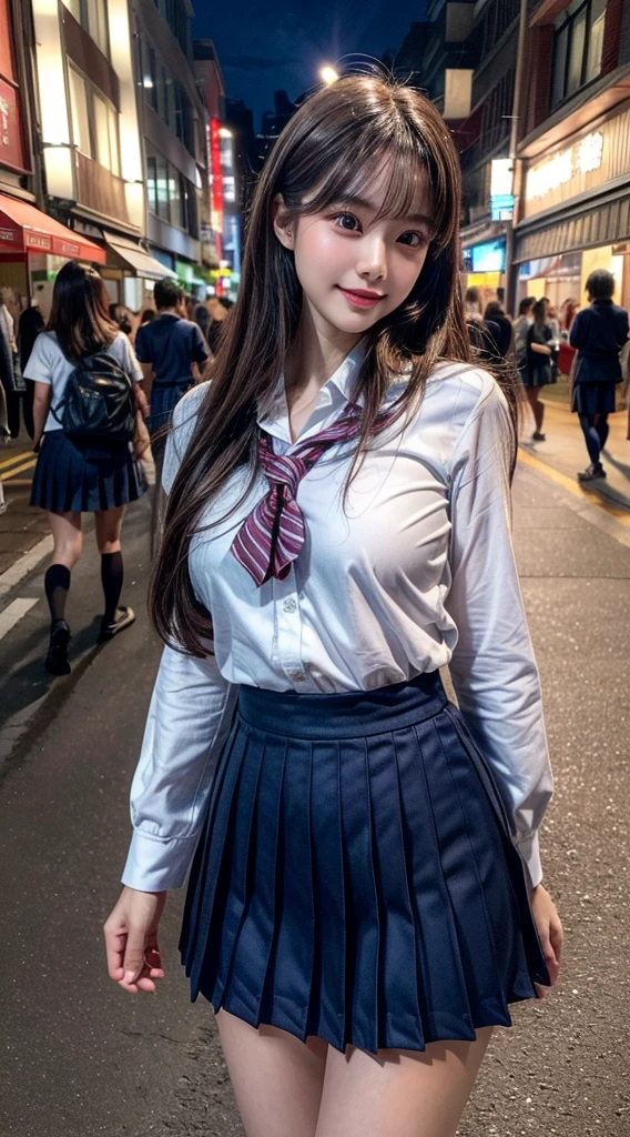 (8K, RAW Photos, Highest quality, masterpiece:1.2), (Realistic, photo-Realistic:1.4), (extremely detailed 8K wallpaper), Sharp focus, Depth of written boundary, Boscinematic Lighting, Soft Light, Beautiful eyes every detail,shiny smooth light brown Long Bob Hair, Asymmetrical bangs, Glowing Skin, Highly detailed skin ,High resolution, Attention to detail, Detailed hairstyle, Attention to detail美顔, hyper Realistic, Perfect limbs, Perfect Anatomy ,1 Japanese girl,Famous Japanese Idols, Perfect female body, Large Breasts,smile,short eyelashes,double eyelid,Long Bob Hair, (school uniform:1.3),(Mini Skirt Navy Mini Skirt), View your viewers, (Crowded street:1.3),Cowboy Shot