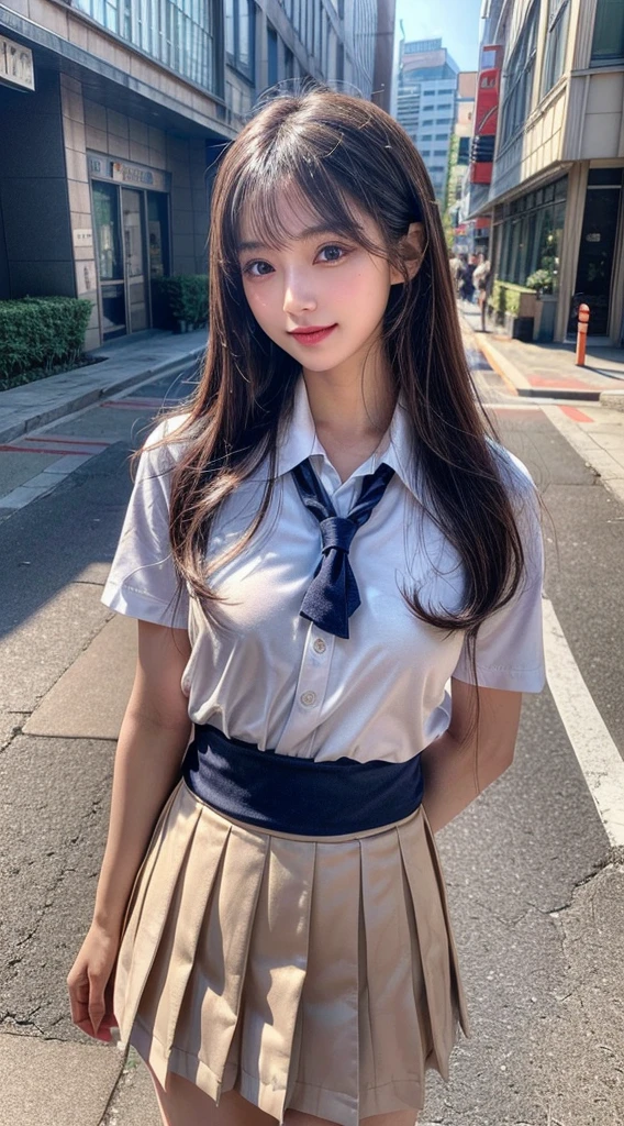 (8K, RAW Photos, Highest quality, masterpiece:1.2), (Realistic, photo-Realistic:1.4), (extremely detailed 8K wallpaper), Sharp focus, Depth of written boundary, Boscinematic Lighting, Soft Light, Beautiful eyes every detail,shiny smooth light brown Long Bob Hair, Asymmetrical bangs, Glowing Skin, Highly detailed skin ,High resolution, Attention to detail, Detailed hairstyle, Attention to detail美顔, hyper Realistic, Perfect limbs, Perfect Anatomy ,1 Japanese girl,Famous Japanese Idols, Perfect female body, Large Breasts,smile,short eyelashes,double eyelid,Long Bob Hair, (school uniform:1.3),(Mini Skirt Navy Mini Skirt), View your viewers, (Crowded street:1.3),Cowboy Shot