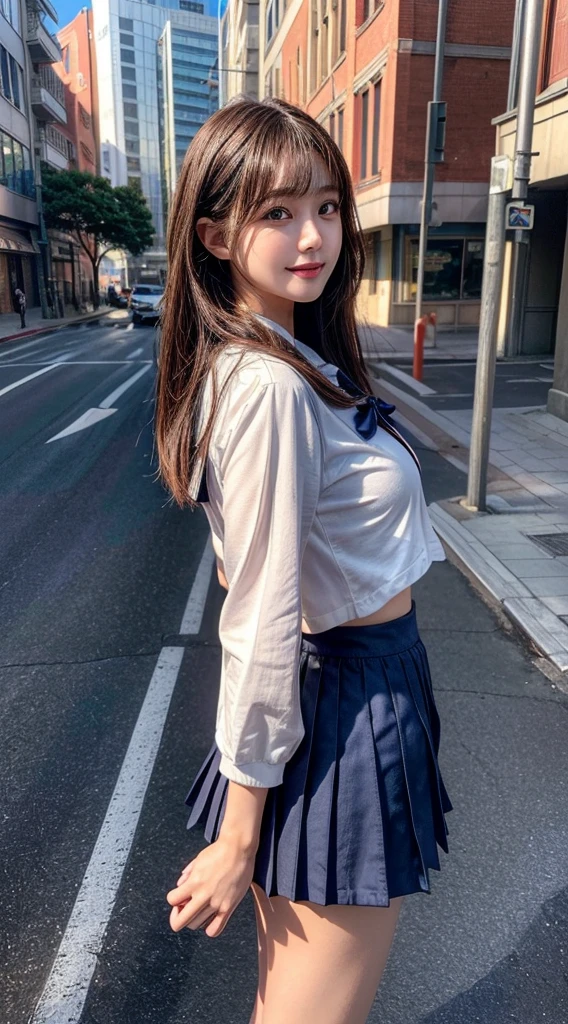 (8K, RAW Photos, Highest quality, masterpiece:1.2), (Realistic, photo-Realistic:1.4), (extremely detailed 8K wallpaper), Sharp focus, Depth of written boundary, Boscinematic Lighting, Soft Light, Beautiful eyes every detail,shiny smooth light brown Long Bob Hair, Asymmetrical bangs, Glowing Skin, Highly detailed skin ,High resolution, Attention to detail, Detailed hairstyle, Attention to detail美顔, hyper Realistic, Perfect limbs, Perfect Anatomy ,1 Japanese girl,Famous Japanese Idols, Perfect female body, Large Breasts,smile,short eyelashes,double eyelid,Long Bob Hair, (school uniform:1.3),(Mini Skirt Navy Mini Skirt), View your viewers, (Crowded street:1.3),Cowboy Shot