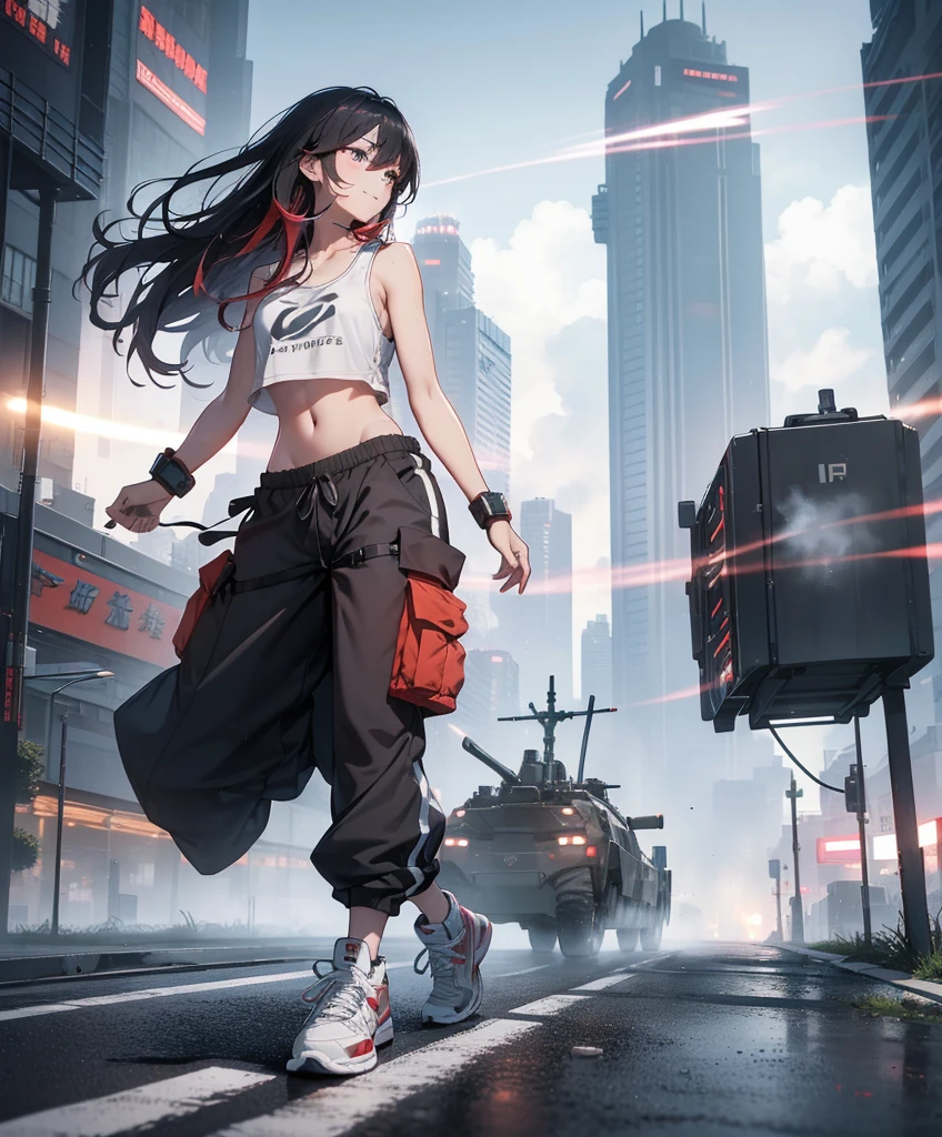 dance、Artistic jump、break dance、Intense movement、Collapsed night city、Cyberpunk Style、Blade Runner atmosphere、Steam is coming out of the exhaust port on the road surface、The road is wet、solo、Fluttering Hair、cute、Beautiful woman、Small Face、White skin、Abdominal muscles、17 years old、Bright smile、Mouth half open、White teeth are visible、(Gradient color of black red hair、Disheveled long hair)、(cargo pants、Tank top、White sneakers)、(Delicate and fine fingers、Detailed body、Detailed Weapons、Human hand)、(Detailed face) 、(In 8K、Highest quality: 1.4、masterpiece、 Ultra-high resolution、 Highest Resolution,、Very detailed、 Professional Lighting、 Gray Light Lighting、Low angle from below、Blowing steam into the landscape、Fog in the landscape、Foggy、