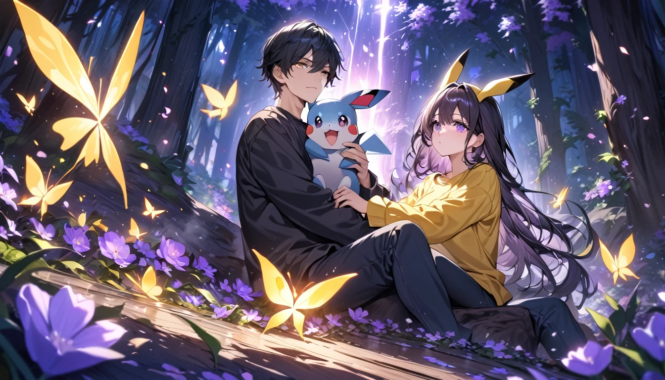 Female and boy couple with yellow tshirt, pikachu on shoulder, forest,purple dark light, absurdres, highres, ultra detailed, HDR, master piece, best quality, black hair, expressive purple eyes, black clothes, magical, fantasy, shining, purple flowers, blossoms, yellow butterflies, medium shot