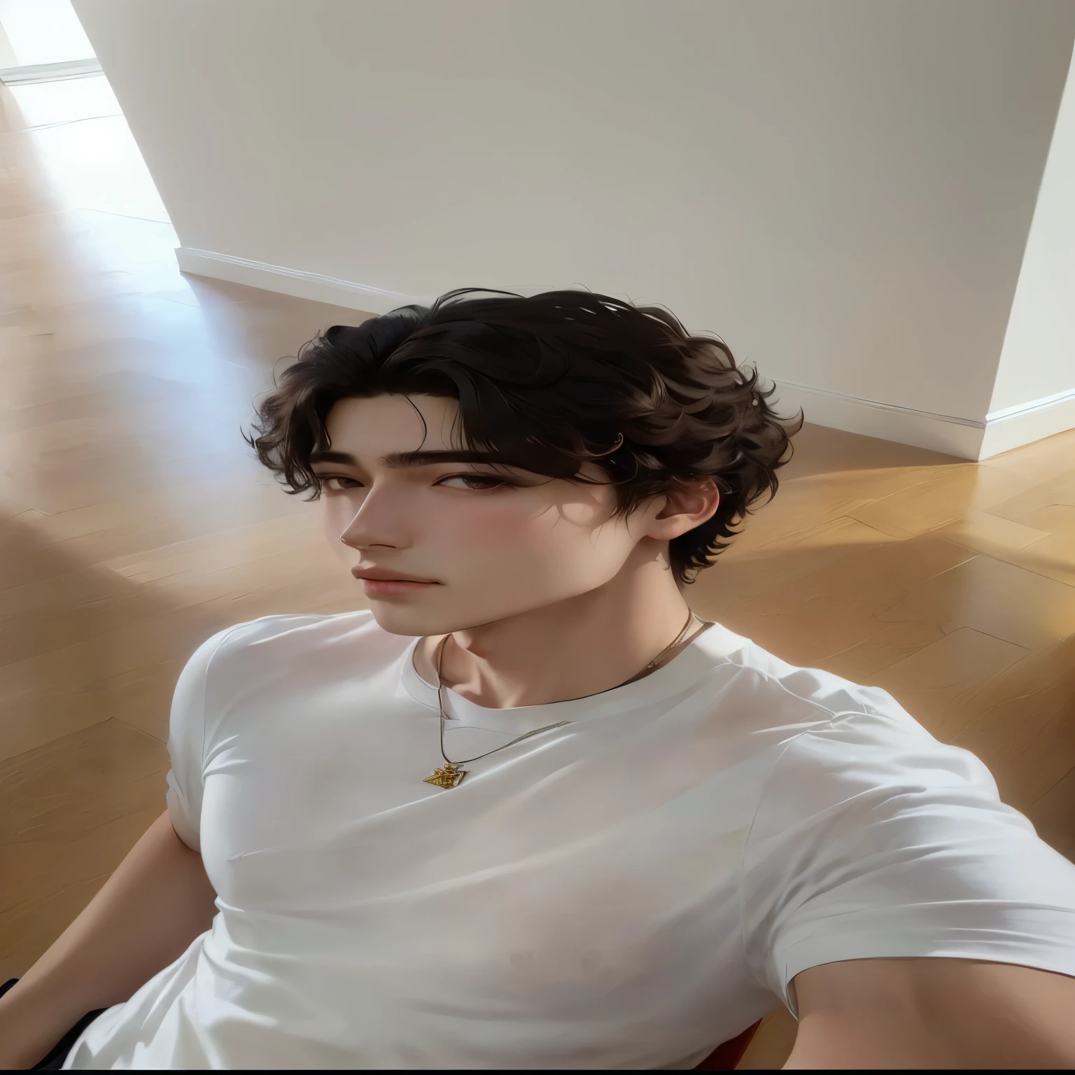 a closeup of a person sitting on a chair in a room, Jung Jaehyun, beautiful androgynous prince, cai xukun, delicate androgynous prince, he has short curly brown hair, sometimes ulzzang, south korean man, with short hair, with short straight brown hair, hyung tae, a handsome man，short black hair, perfect face and boy is wearing a shirt from the Spanish soccer team