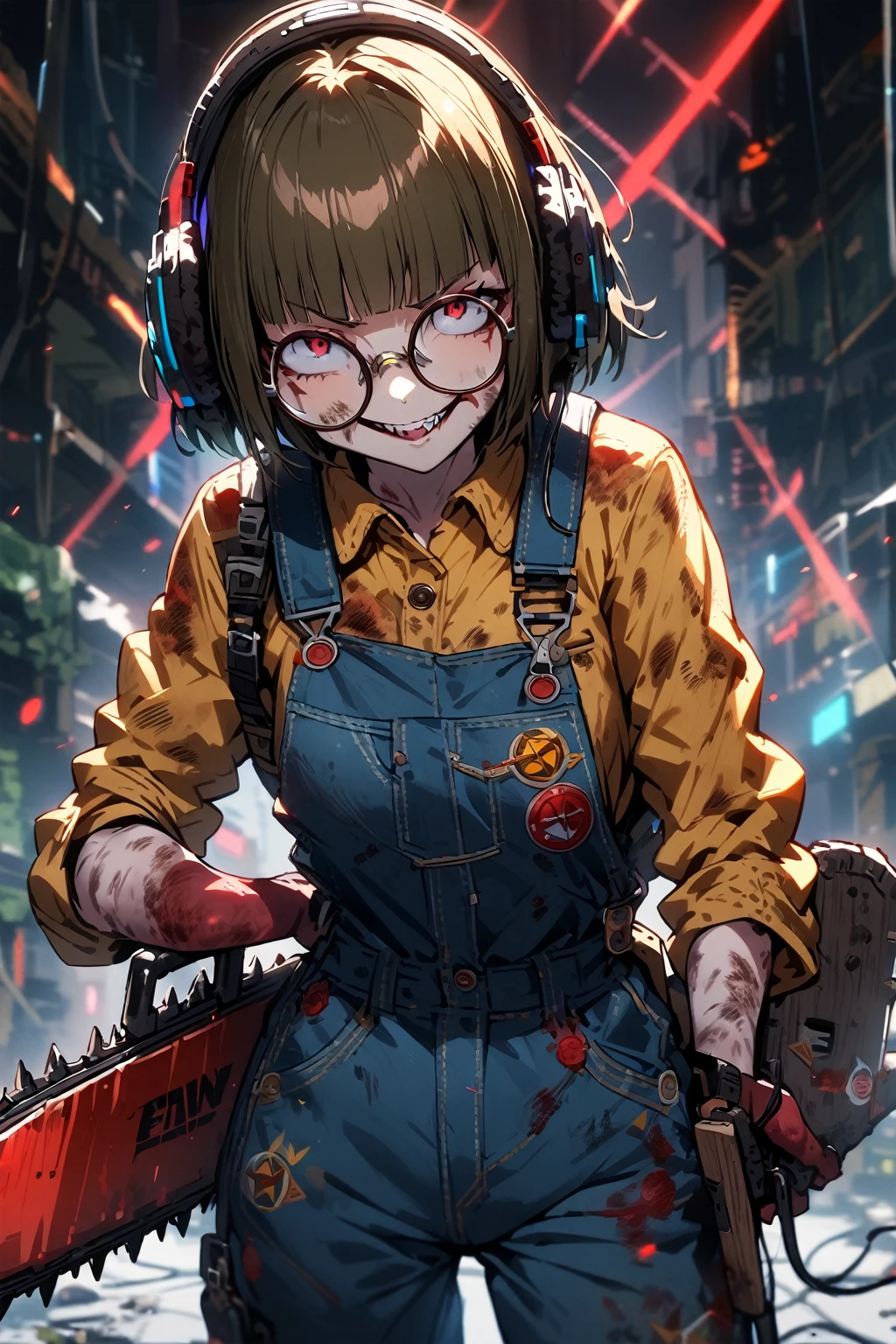(extremely detailed fine touch:1.3), (((semi-rimless round eyewear:1.3))), (headphone:1.2), short hair, blunt bangs, 1 girl, cowboy shot, evil smile, overalls., holding chainsaw, Bloody skin, dirty skin,