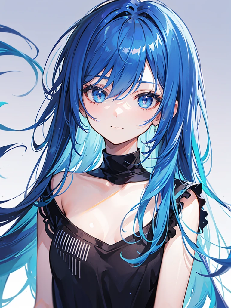 blue hair, long hair, portrait, casual look, girl, Honest and cool, transparent background, small smile, half-naked black jumper