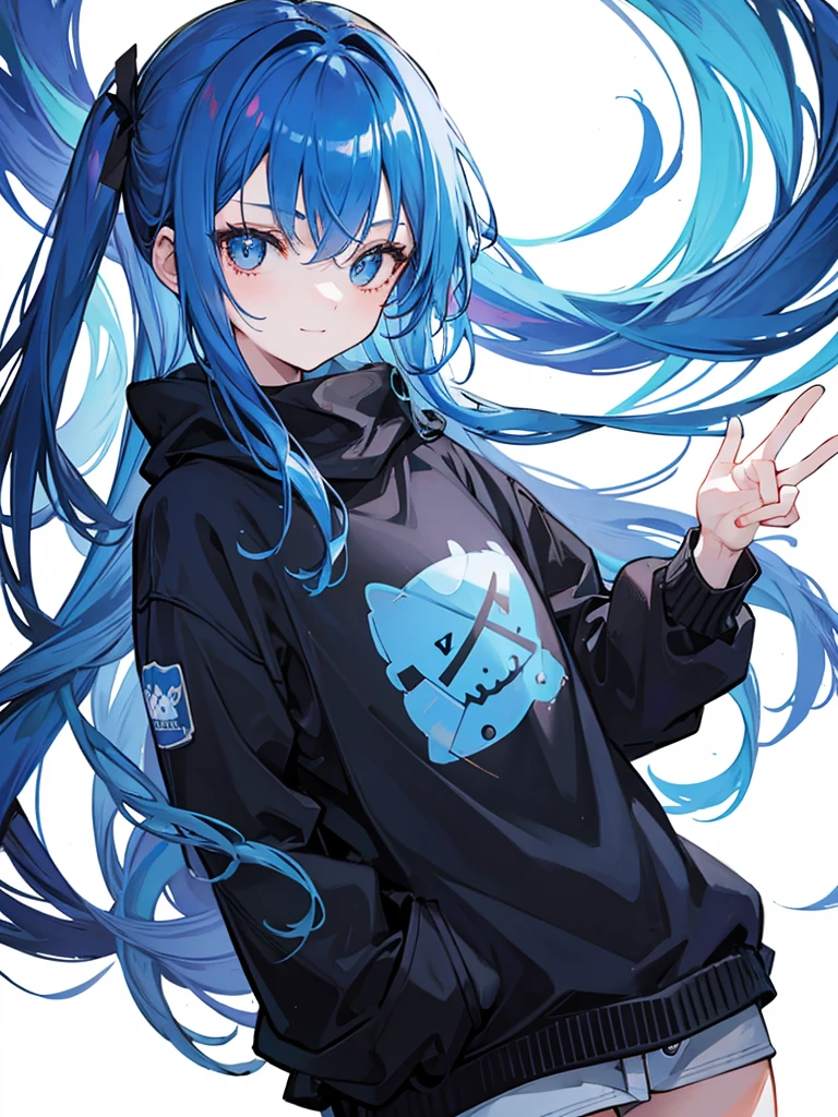blue hair, long hair, portrait, casual look, girl, Honest and cool, transparent background, small smile, half-naked black jumper