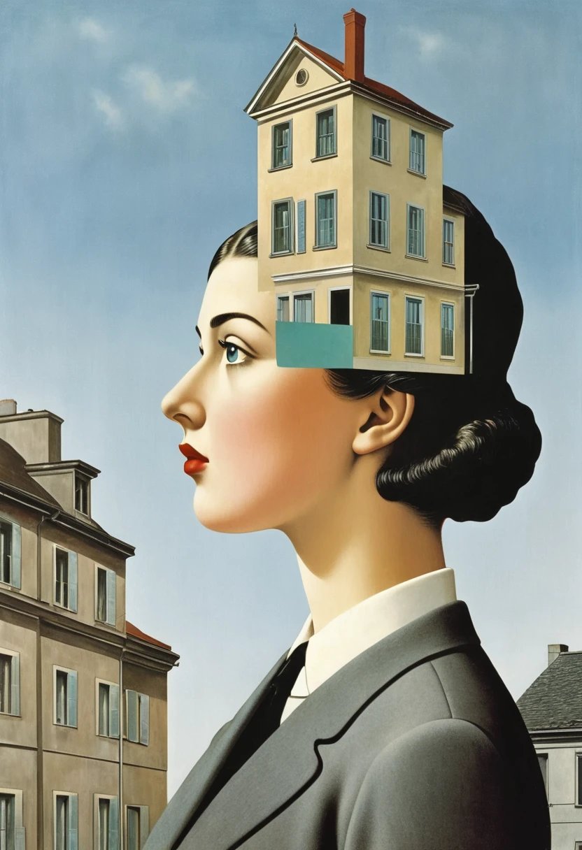 René Magritte，Weird misplaced art：有一张女人脸的Collage画，There are many different things on the face，house，Geometric Dislocation，Collage，Artistic sense，Painting，paint，Simple，The inner world of descriptive disorder
