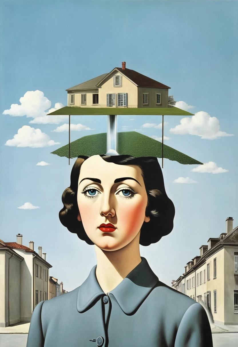 René Magritte，Weird misplaced art：有一张女人脸的Collage画，There are many different things on the face，house，Geometric Dislocation，Collage，Artistic sense，Painting，paint，Simple，The inner world of descriptive disorder