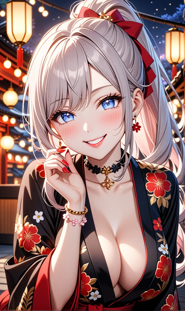 ultra-detailed, ((one girl)), (portrait), (pale skin:1.4), in pastel colors gyaru, (heavy makeup), (professional lighting) hyper detailed, absurdres, 8K, Beautiful Face, (Laugh shyly), ((teasing smile:1.8)), ((Wink:1.7)), (Laugh with your mouth wide open),((Tilt your face:1.6)), View your viewers, ((Bright red cheeks:1.6)),Glossy Red Lips, ((huge breast:1.4)), ((undressing:1.2)), night, I see fireworks, Luxury Ryokan, ((Anime style background)),masterpiece, Highest quality, so beautiful,Latest, Complex details, (Pink long nails), (nail art), (ring),(bracelet), (Floral Choker),AI-generated, Complex,High resolution, Highest quality, super high quality,3D Images、3D Images,One person,Pastel silver long hair,(High Ponytail), (wavy hair:1.3), Pastel anime woman posing for a photo, ((Fine grain、blue eyes、glowing eyes:1.4)), (Squint your eyes:1.1), (one eye closed:1.2), a hyperRealistic , hyperRealistic , Realistic,Anime woman with long pastel white hair, Smooth anime CG art, A girl in a gorgeous black kimono, ((Black long-sleeved kimono)),(Large red floral pattern), Golden embroidery, (sideboob), Long flower hair ornament,Floral Earrings, Mature Body, tall,Narrow waist, ((from front), ((leaning forward)),
