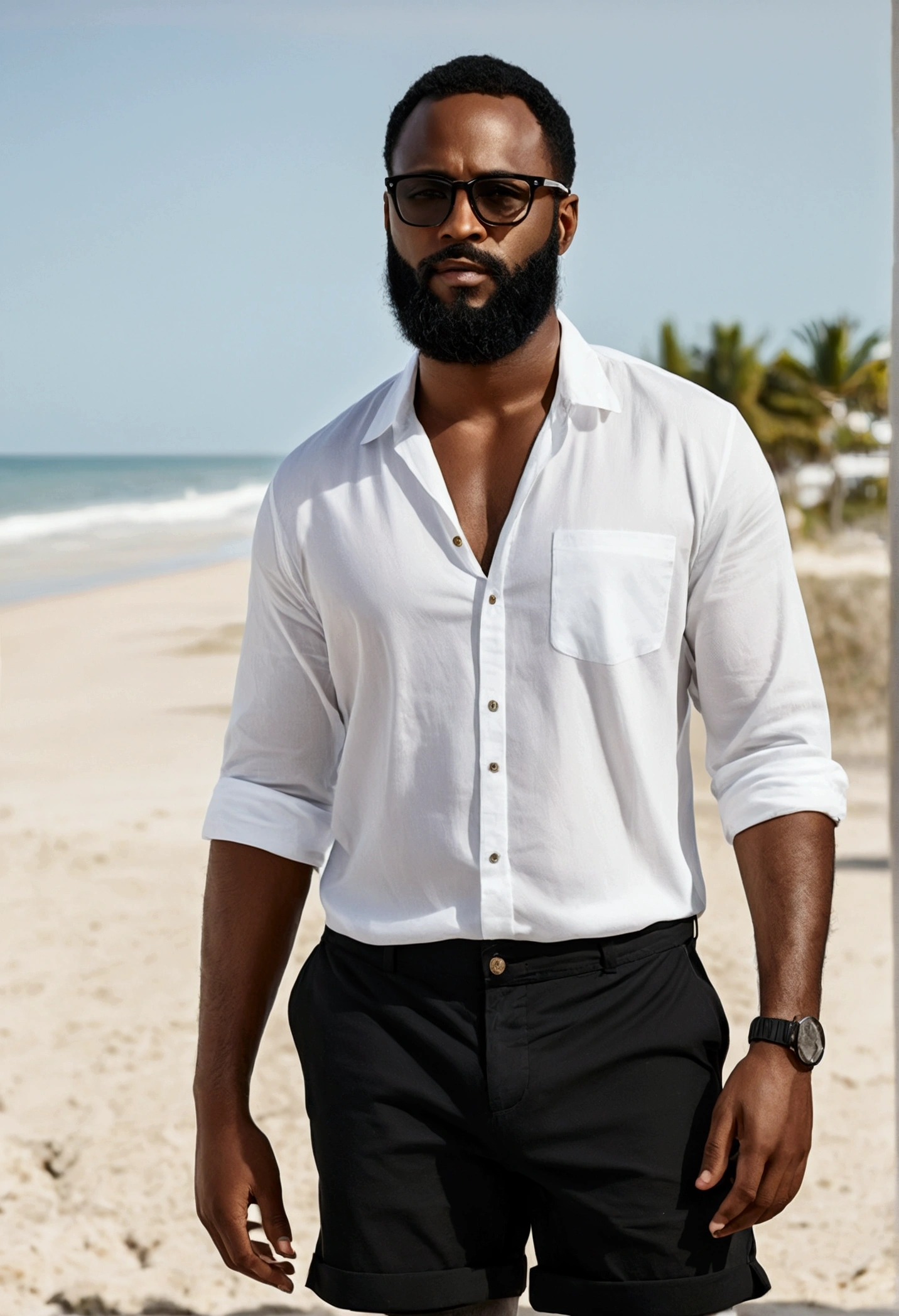 Light dark-skinned man with a close but well-defined beard wearing black glasses, black shorts, a white beach shirt on the beach in the distance