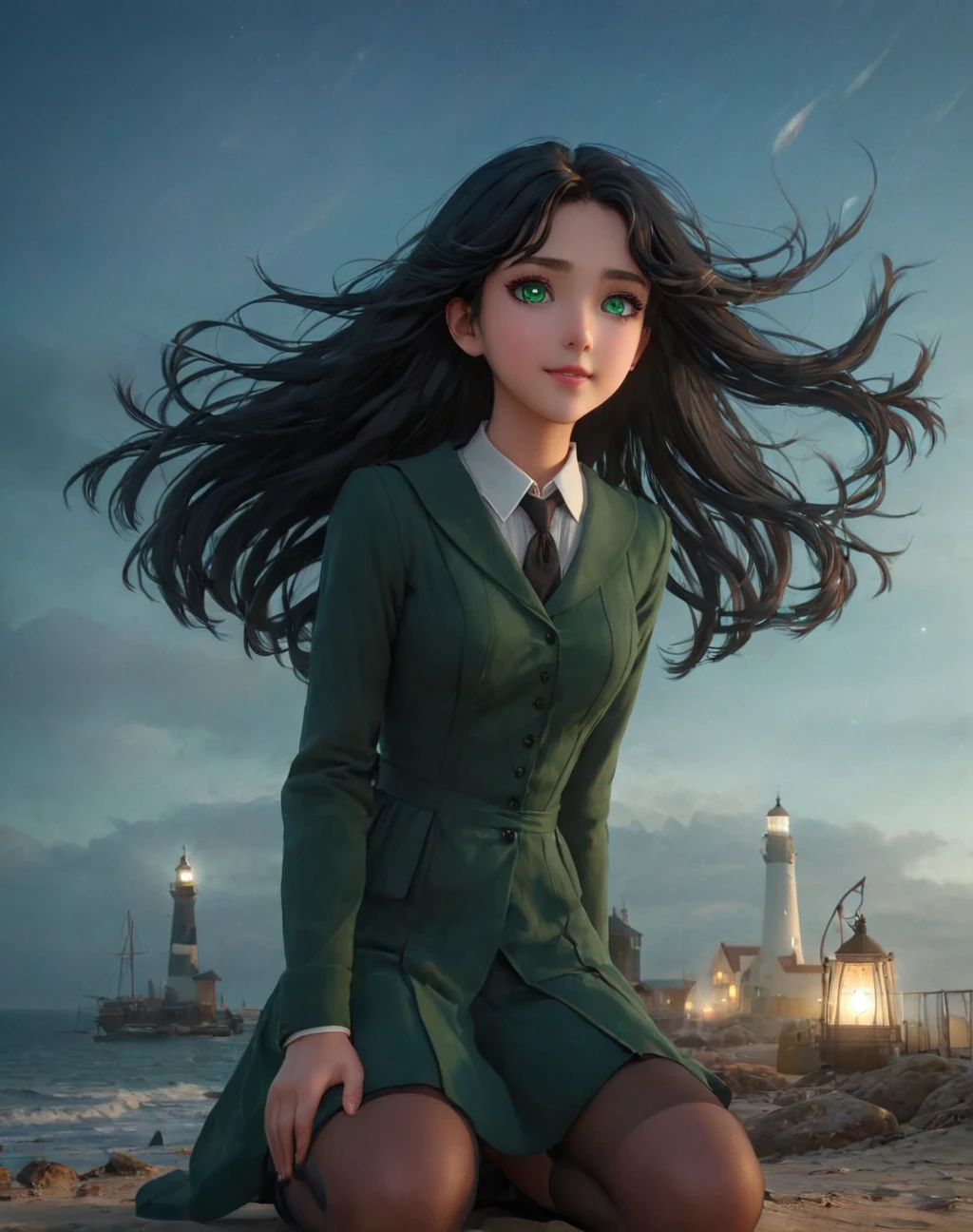 daughter of severus anape, 9-yeart-old , black hair, green eyes,（ultra best quality、in 8K、masuter piece、delicate illustration）,(best quality,4k,8k,highres,masterpiece:1.2),ultra-detailed,realistic,portrait of a beautiful, Elementary school girl, blows wind,Fluttering hair，gust of wind， Colorful, , ​masterpiece, Sit up, side from, A smile, lighthouse, starrysky