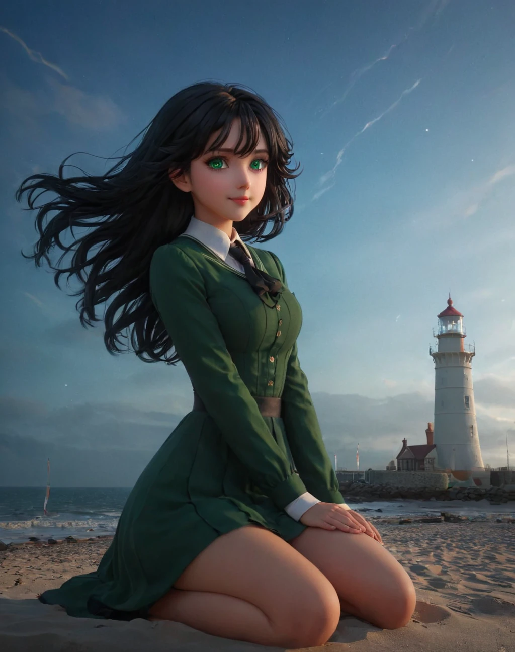daughter of severus anape, 9-yeart-old , black hair, green eyes,(ultra best quality、in 8K、masuter piece、delicate illustration),(best quality,4k,8k,highres,masterpiece:1.2),ultra-detailed,realistic,portrait of a beautiful, Elementary school girl, blows wind,Fluttering hair,gust of wind, Colorful, , masterpiece, Sit up, side from, A smile, lighthouse, starrysky