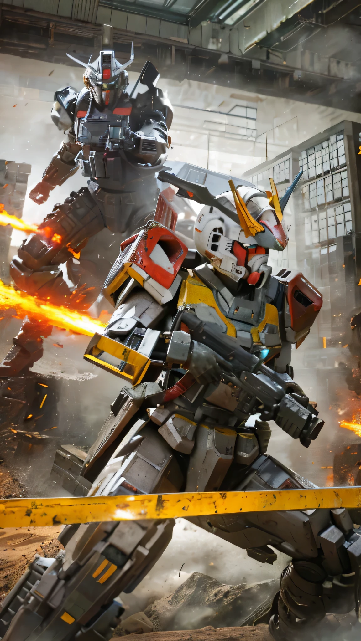 最high quality、Best image quality、masterpiece、Giant Mecha((humanoid、Railgun、Bulletproof vest、Jetpack、Red visor、Run、Chainsaw,Full of wounds,gas mask、Gold Color、Fighting Pose、Muscular,destruction)）high quality、Beautiful art、background((underground,Fighting the monsters)),Tabletop、Exquisite design、Visual Arts、Written boundary depth、Best lighting、The finest details、8ｋ