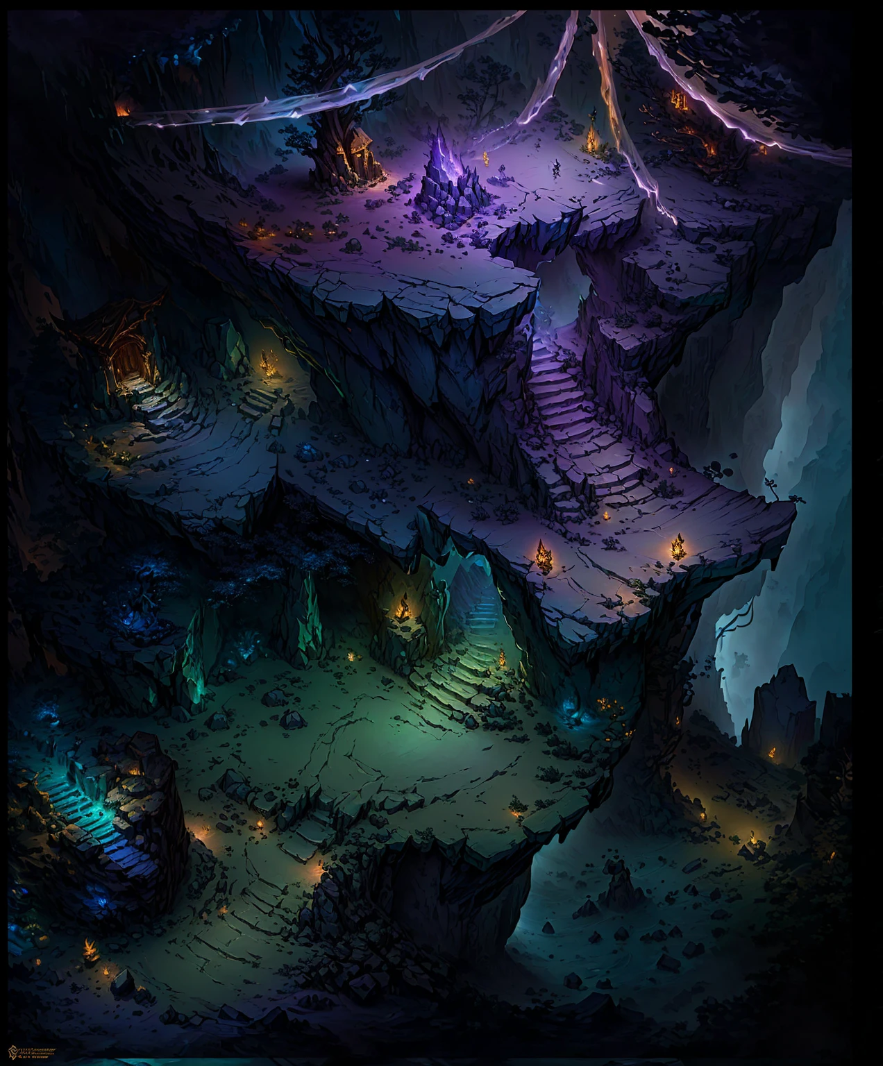 Close up of a cave cartoon style scene with stairs, luminescent Concept Art, Detailed digital 2D fantasy art, magical fantasy 2 d Concept Art, painted as a game Concept Art, Isometric Game Art, intricate and epic Concept Art, Detailed game art, colored Concept Art, World of Warcraft art style, Concept Art, Concept Art