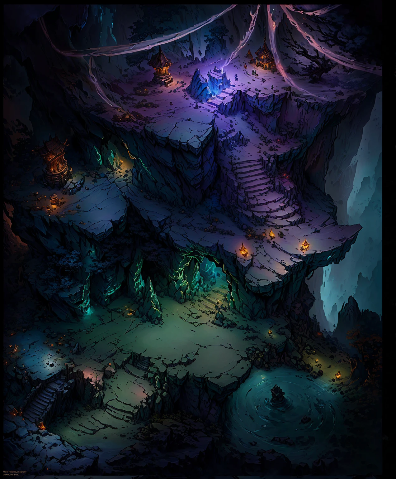 Close up of a cave cartoon style scene with stairs, luminescent Concept Art, Detailed digital 2D fantasy art, magical fantasy 2 d Concept Art, painted as a game Concept Art, Isometric Game Art, intricate and epic Concept Art, Detailed game art, colored Concept Art, World of Warcraft art style, Concept Art, Concept Art