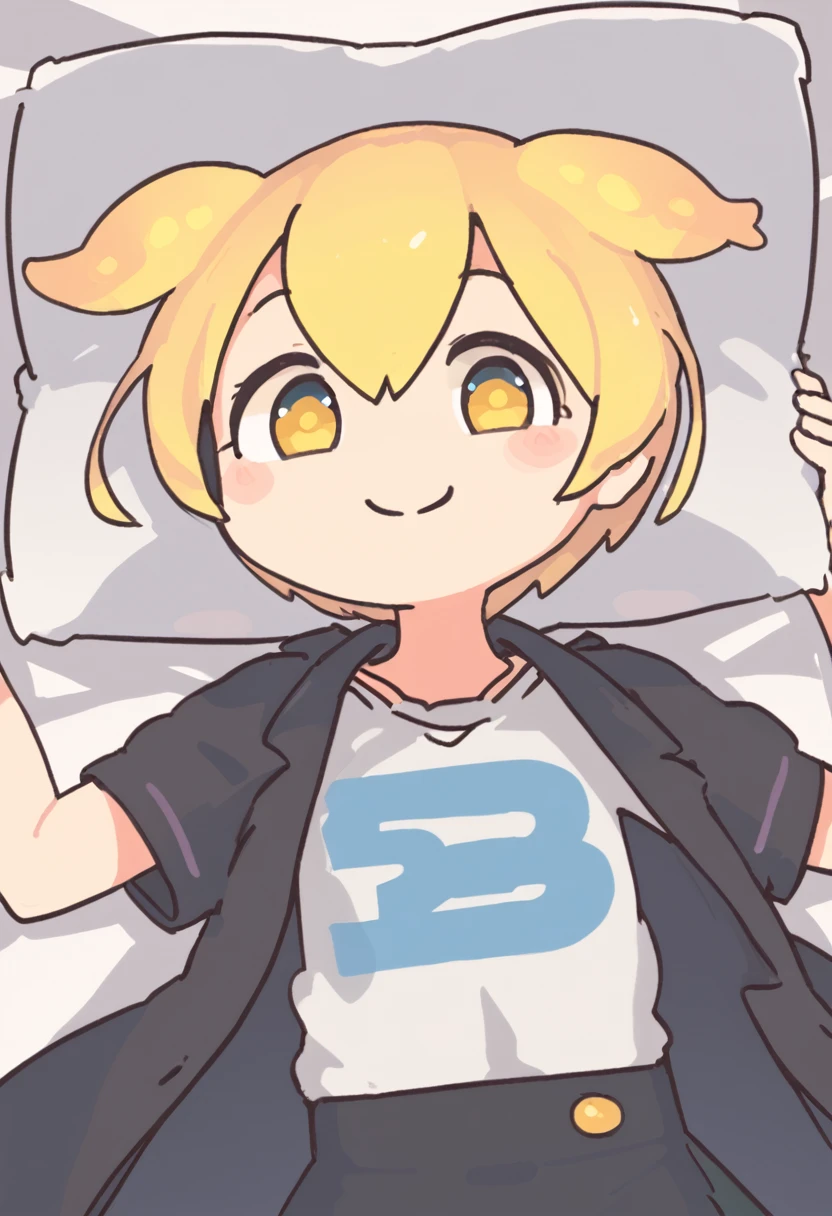 Zundamon,Lying face down in bed,Hug a pillow,cute,smile