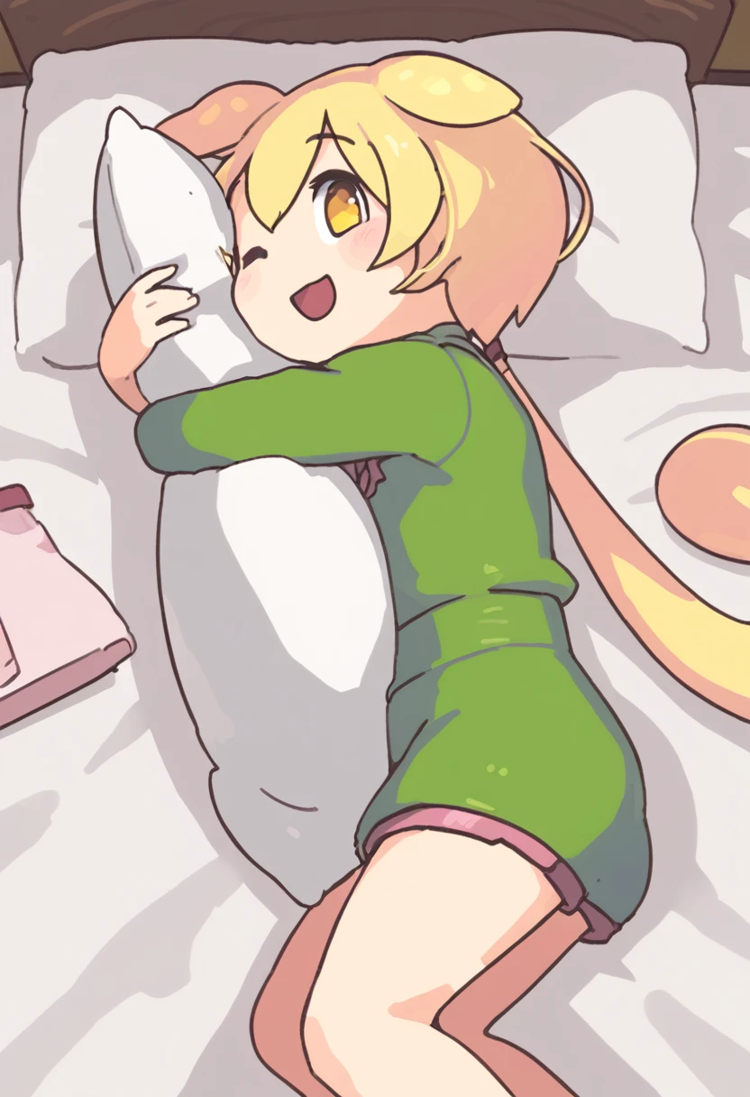 Zundamon,Lying face down in bed,Hug a pillow,cute,smile