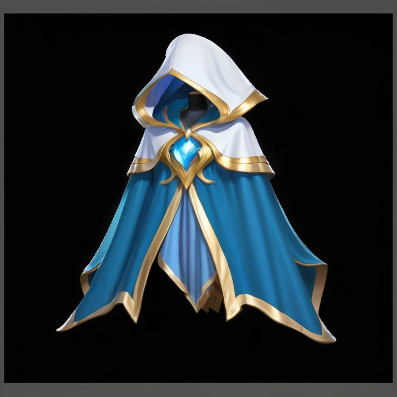 Blue and white dress with gold trim, Azure Cape, Gorgeous cloak, mage robe based on a toucan, Glowing Cape, elegant cape, Broken cloak, Flowing Cape, Royal cloak, League of Legends style, League of Legends Inventory Items, Gorgeous flowing robe, Flowing Magic Robe, Large shawl, Waving Robe Movement, League of Legends Arcane, Stylized shadows