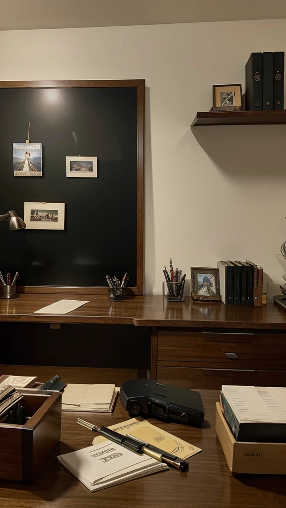 Generat a picture frame placed at an angle on a desk with loads of cash and many guns placed around it, calm colors, low lightning, boss office