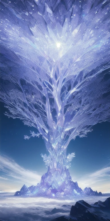 Illustration of a hyperrealistic , otherworldly, ultrasky scene featuring a giant crystal tree full the sky. Yggdrasil