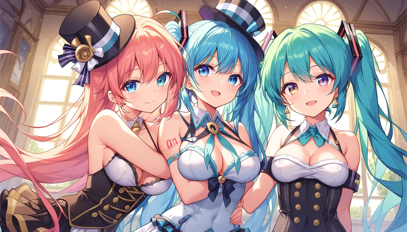 ((2girls:1.3)), ((moe style:1.3)), ((wild west:1.3)), ((saloon entrance:1.3)), ((top hat:1.3)), enterprise (azur lane), hatsune miku, ((perfect face)), ((extremely cute:1.3)), ((masterpiece:1.3)), ((8k)), ((best quality:1.3)), ((beautiful)), ((extremely detailed:1.3)) , ((absurdres)), AddXL, ((score_9:1.3)), ((score_8_up:1.3)), ((score_7_up:1.3)), Expressiveh 