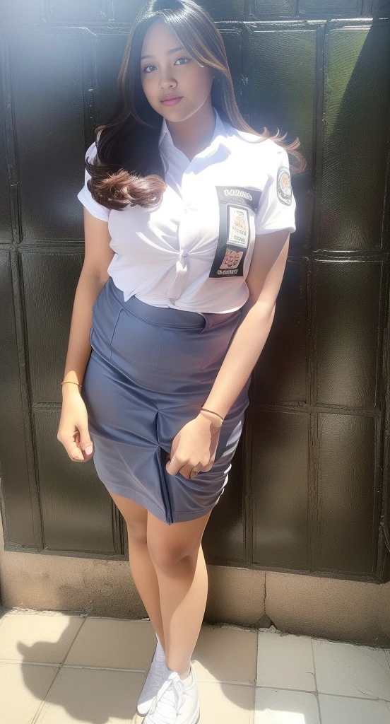 1girl, (uniform), standing, outdoors, curvy, tall, wide angle shot, detailed face, detailed eyes, thick breasts, shiny skin, tight shirt, grey blue short skirt, looking at the viewer, low angle shot,(8k, RAW photo, best quality, masterpiece: 1.2), (realistic, realistic: 1.37), ultra-high resolution