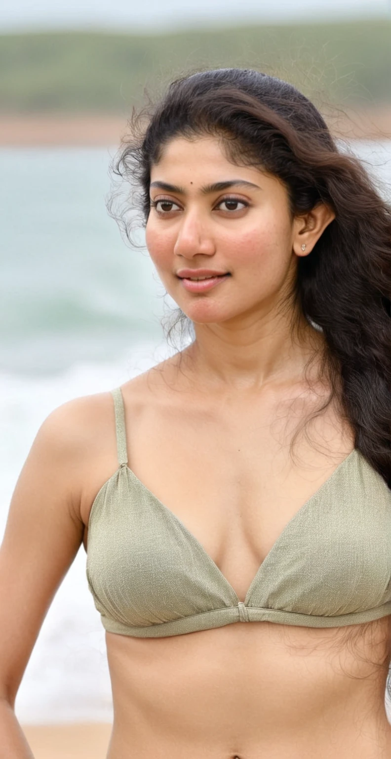 ultrarealistic hires close up photo of a 30-year-old sai pallavi full body in bikini, outdoors, realistic skin texture