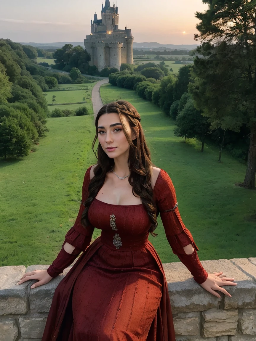 Beautiful and regal, imperious and aloof, busty athletic (thin) brunette queen with sharp facial features, crown braid, wearing a dark red medieval dress, long sleeves, intricate patterns, embroidery, wide neck, crown, veil, long dress, modest dress, tight bodice, (silver waist chain), medieval jewelry, Middle Ages, castle, rampart, wall, exterior, on top of a castle wall, trees, countryside, evening, sunset.