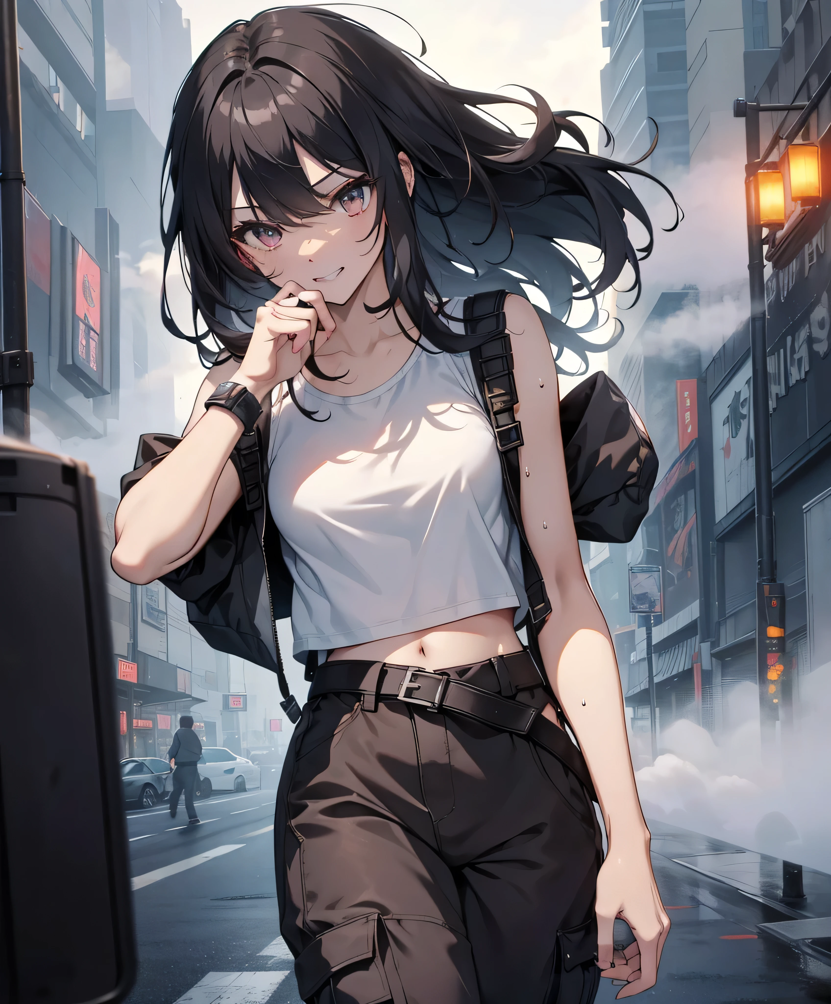 dance、Artistic jump、break dance、Intense movement、Collapsed night city、Cyberpunk Style、Blade Runner atmosphere、Steam is coming out of the exhaust port on the road surface、The road is wet、solo、Fluttering Hair、cute、Beautiful woman、Small Face、White skin、Abdominal muscles、、Bright smile、Mouth half open、White teeth are visible、(Gradient color of black red hair、Disheveled long hair)、(cargo pants、Tank top、White sneakers)、(Delicate and fine fingers、Detailed body、Detailed Weapons、Human hand)、(Detailed face) 、(In 8K、Highest quality: 1.4、masterpiece、 Ultra-high resolution、 Highest Resolution,、Very detailed、 Professional Lighting、 Gray Light Lighting、Low angle from below、Blowing steam into the landscape、Fog in the landscape、Foggy、
