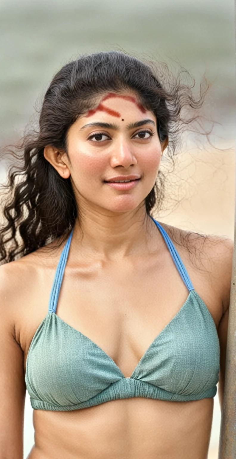 ultrarealistic hires close up photo of a 30-year-old sai pallavi full body in bikini, outdoors, realistic skin texture