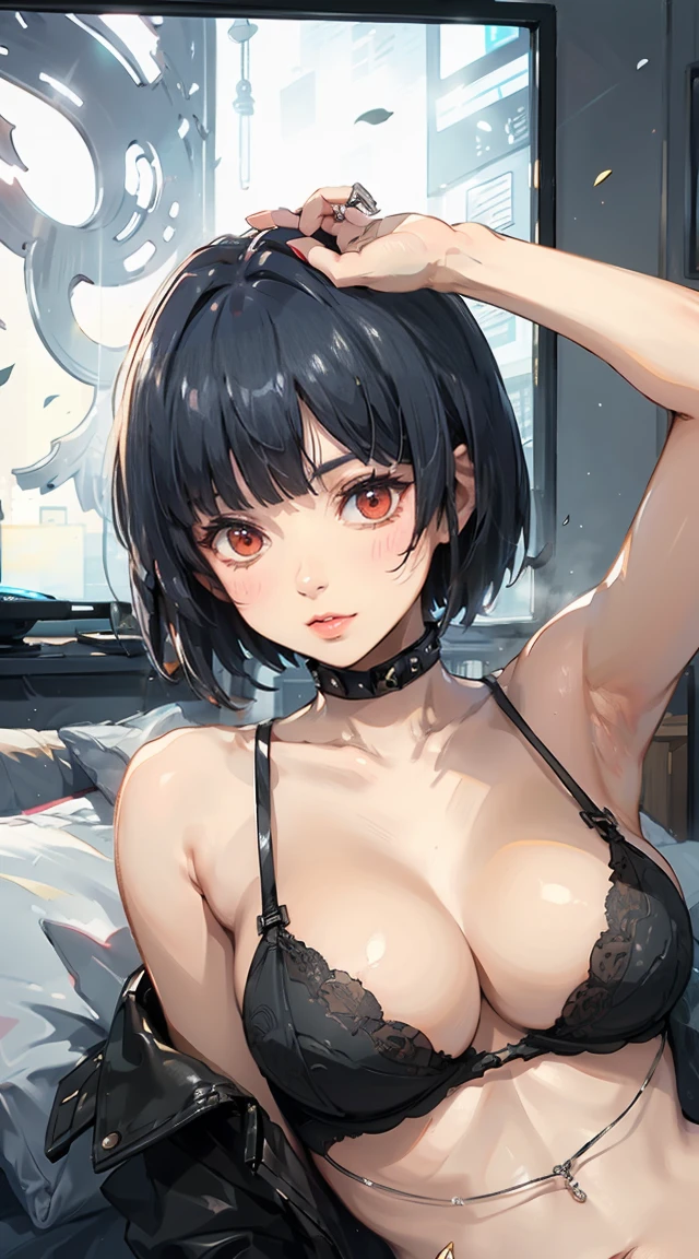 Persona 5 TaeTakemi,masutepiece, Best Quality, hight resolution, Cute and beautiful, face focal, 、Red Eyes,Lying peeing on the bed, close to viewer ,the golden hour,Tsuriformes、 indoor, bedroom, dynamic angle, busty, perfect body, dynamic pose, armpit, hands up, ((fall asleep on the bed, supine, sleepy, open eyes, laying on bed)), ((close up, POV, cute, shot on face, sighing expression)), ((maroon bra color, maroon lingerie, white shirt:1.2)), natural light, light reflection, smiling, beautiful smile,frombelow、 、Rubbing your own chest with both hands、twist squeeze、cover your chest with your palms,,,,,Looking down、Dark hair、shorth hair、Bedrooms、Looking at Viewer、,a black choker、Close-up perspective、ligne claire、(Cool_Color)、perfect-composition、focal、acurate, Anatomically correct、 short cut hair、red eyes、hight resolution, Beautiful detailed glow, masutepiece*Portrait, 3D Face, Realistic, (masutepiece: 1.3), (max resolution: 1.2), (Ultra HDTV: 1.2), cinematric light, 8K resolution, phi ,​masterpiece、top-quality、Ultra Detail、(((shiny lips: 1.4)))Beautiful face, acurate, Anatomically correct, phiAlways detailed face and skin texture, Detailed eyes, Double eyelids, light eyebrow、 pale skin, Lustrous skin all over the body, Perfect face,Always detailed face and skin texture, Detailed eyes,