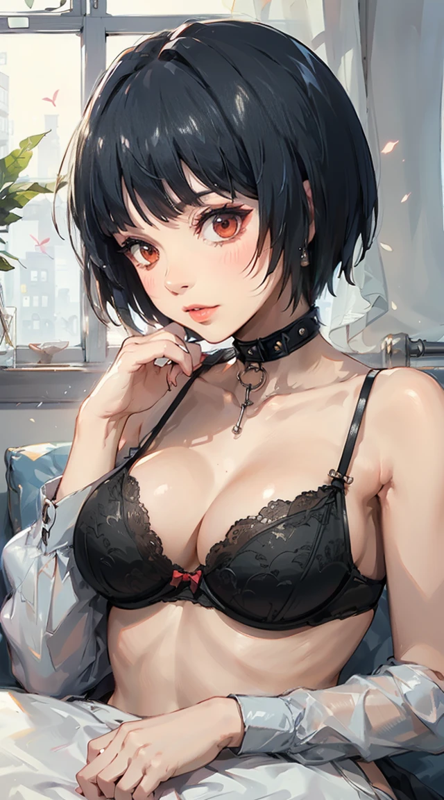 Persona 5 TaeTakemi,masutepiece, Best Quality, hight resolution, Cute and beautiful, face focal, 、Red Eyes,Lying peeing on the bed, close to viewer ,the golden hour,Tsuriformes、 indoor, bedroom, dynamic angle, busty, perfect body, dynamic pose, armpit, hands up, ((fall asleep on the bed, supine, sleepy, open eyes, laying on bed)), ((close up, POV, cute, shot on face, sighing expression)), ((maroon bra color, maroon lingerie, white shirt:1.2)), natural light, light reflection, smiling, beautiful smile,frombelow、 、Rubbing your own chest with both hands、twist squeeze、cover your chest with your palms,,,,,Looking down、Dark hair、shorth hair、Bedrooms、Looking at Viewer、,a black choker、Close-up perspective、ligne claire、(Cool_Color)、perfect-composition、focal、acurate, Anatomically correct、 short cut hair、red eyes、hight resolution, Beautiful detailed glow, masutepiece*Portrait, 3D Face, Realistic, (masutepiece: 1.3), (max resolution: 1.2), (Ultra HDTV: 1.2), cinematric light, 8K resolution, phi ,​masterpiece、top-quality、Ultra Detail、(((shiny lips: 1.4)))Beautiful face, acurate, Anatomically correct, phiAlways detailed face and skin texture, Detailed eyes, Double eyelids, light eyebrow、 pale skin, Lustrous skin all over the body, Perfect face,Always detailed face and skin texture, Detailed eyes,