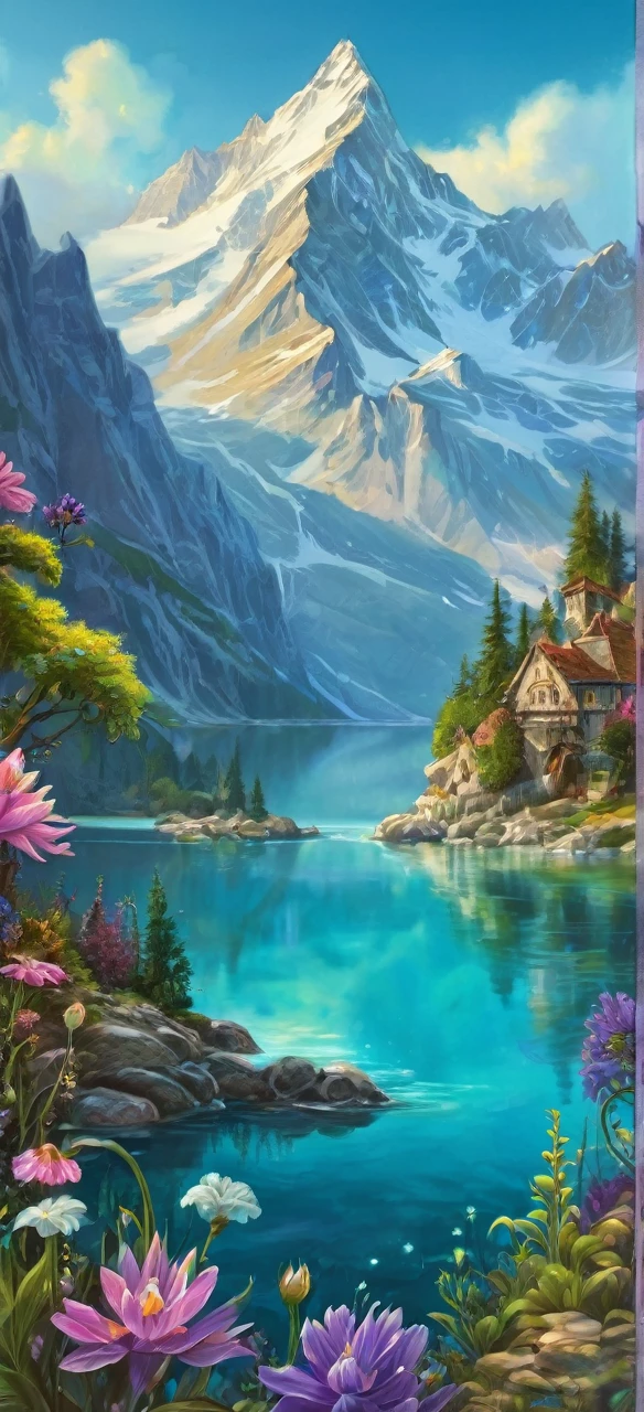 a book with a picture of a lake and mountains on it, fantasy book cover painting, fantasy book illustration, detailed dreamscape, dreamy and detailed, whimsical fantasy landscape art, fairytale painting, storybook art, fairytale artwork, romantic storybook fantasy, painting of a dreamscape, detailed painting 4 k, fantasy painterly style, very magical and dreamy