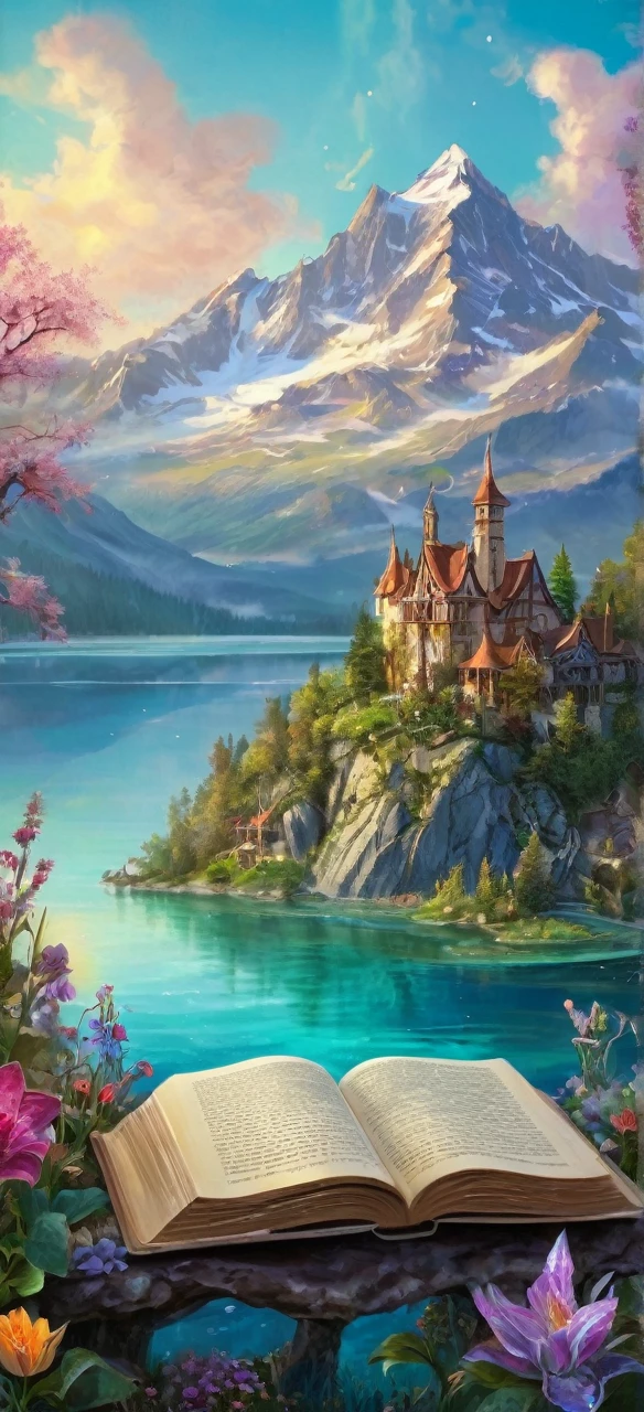 a book with a picture of a lake and mountains  on it, fantasy book cover painting, fantasy book illustration, detailed dreamscape, dreamy and detailed, whimsical fantasy landscape art, fairytale painting, storybook art, fairytale artwork, romantic storybook fantasy, painting of a dreamscape, detailed painting 4 k, fantasy painterly style, very magical and dreamy
