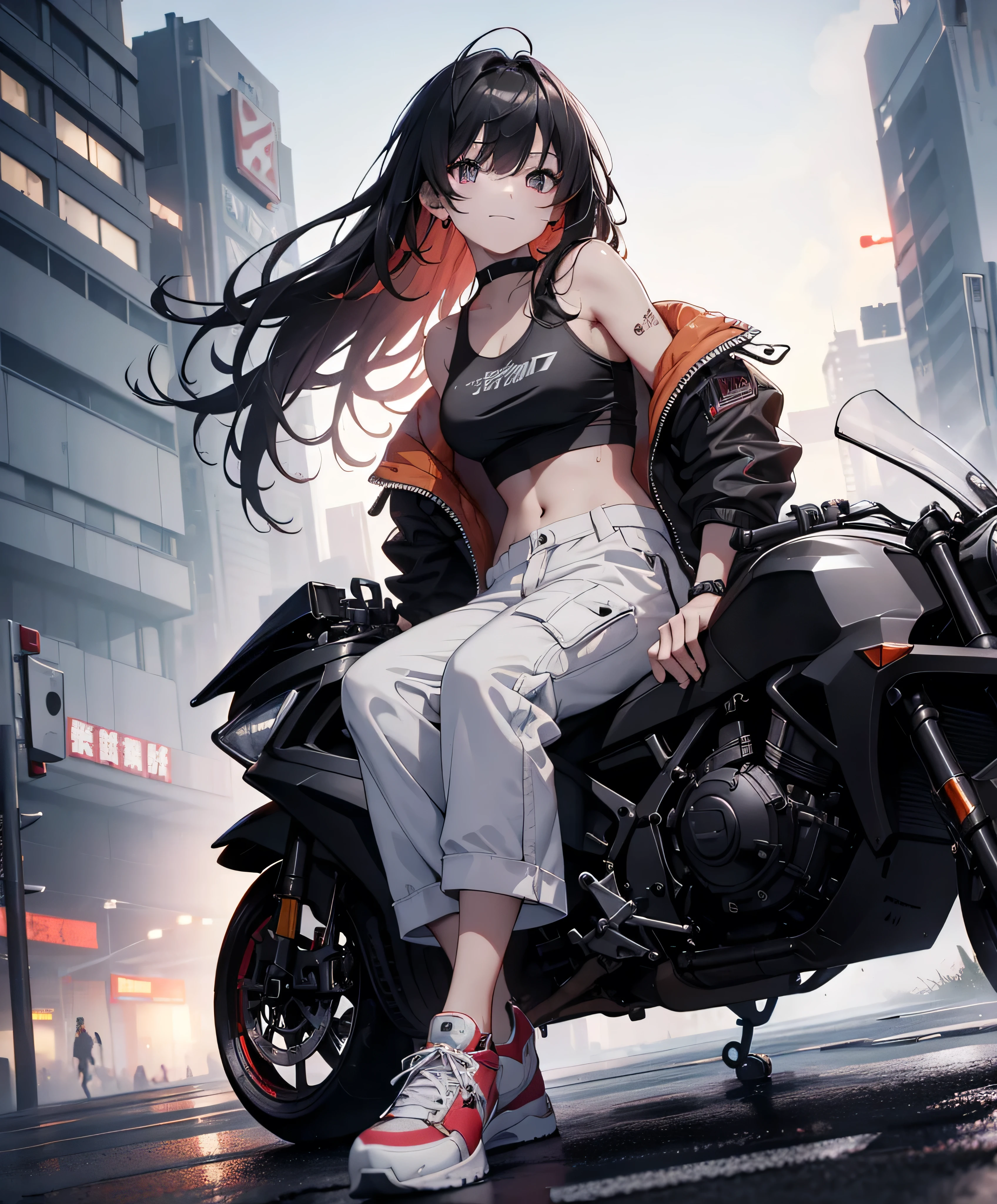 dance、Artistic jump、break dance、Intense movement、Collapsed night city、Cyberpunk Style、Blade Runner atmosphere、Steam is coming out of the exhaust port on the road surface、The road is wet、solo、Fluttering Hair、cute、Beautiful woman、Small Face、White skin、Abdominal muscles、17 years old、Bright smile、Mouth half open、White teeth are visible、(Gradient color of black red hair、Disheveled long hair)、(cargo pants、Tank top、White sneakers)、(Delicate and fine fingers、Detailed body、Detailed Weapons、Human hand)、(Detailed face) 、(In 8K、Highest quality: 1.4、masterpiece、 Ultra-high resolution、 Highest Resolution,、Very detailed、 Professional Lighting、 Gray Light Lighting、Low angle from below、Blowing steam into the landscape、Fog in the landscape、Foggy、