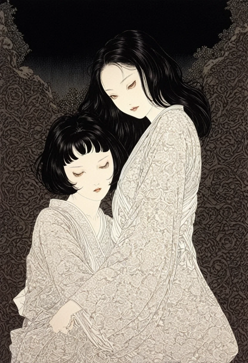 Line art、2 girls、Embrace each other、Yuri、Lesbian、Browsing Caution, throw, Dark and detailed patterned background、takato yamamoto'style