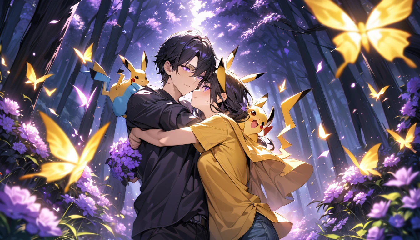 Female and boy couple with yellow tshirt, pikachu on shoulder, forest,purple dark light, absurdres, highres, ultra detailed, HDR, master piece, best quality, black hair, expressive purple eyes, black clothes, magical, fantasy, shining, purple flowers, blossoms, yellow butterflies, medium shot